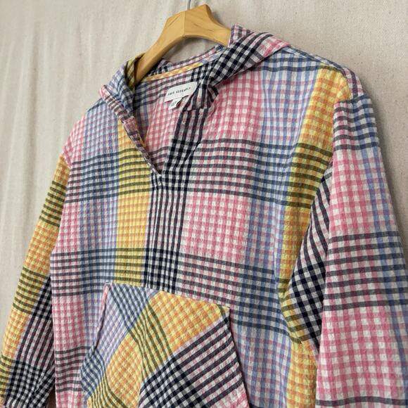 Free Assembly Women Seersucker Plaid Cropped Hoodie‎ Top Size L Colorful Preppy - Picture 2 of 8